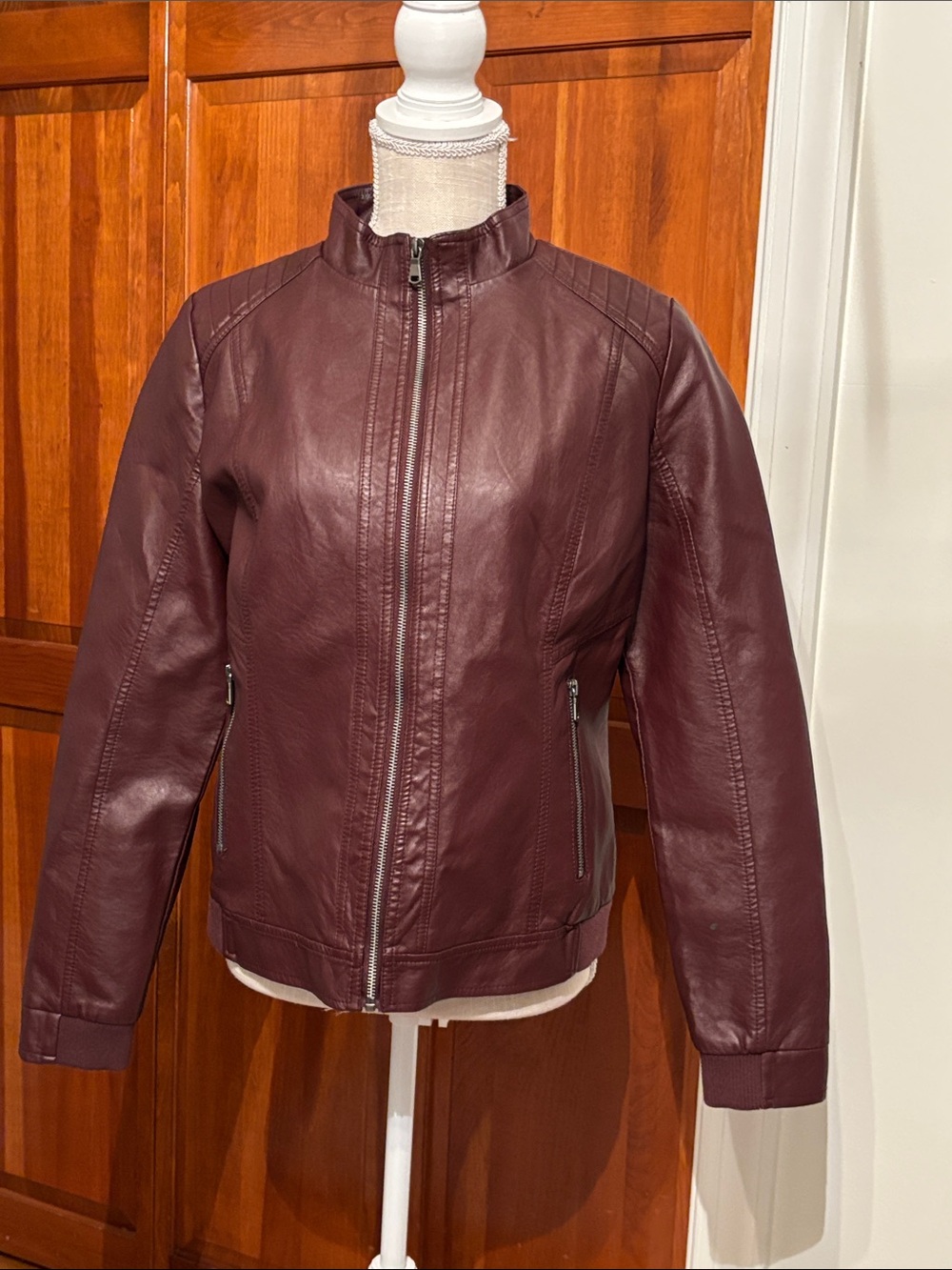 Women's dark Burgundy Faux Leather Zip Front Jacket